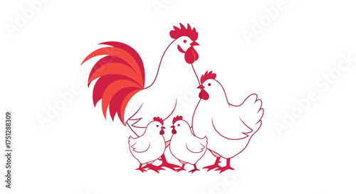 A proud rooster with his hens and chicks in a farming setting.