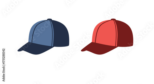 Two baseball caps one blue and one red.