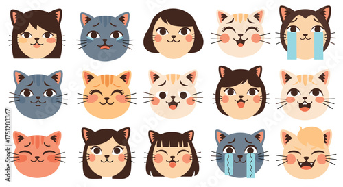 Expressive pixel art faces of cats and girls showing various emotions.