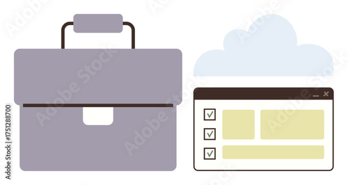 Briefcase next to a browser window with checkboxes and cloud element. Ideal for task management, business planning, productivity tools, workflow efficiency, data organization, teamwork, simple flat