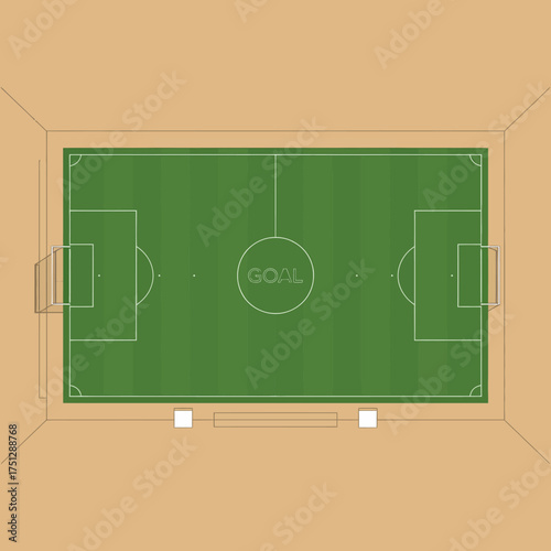 A top-down view of a soccer field featuring marked goals and lines, representing the sport's strategic elements and dynamics in a clean and organized layout.