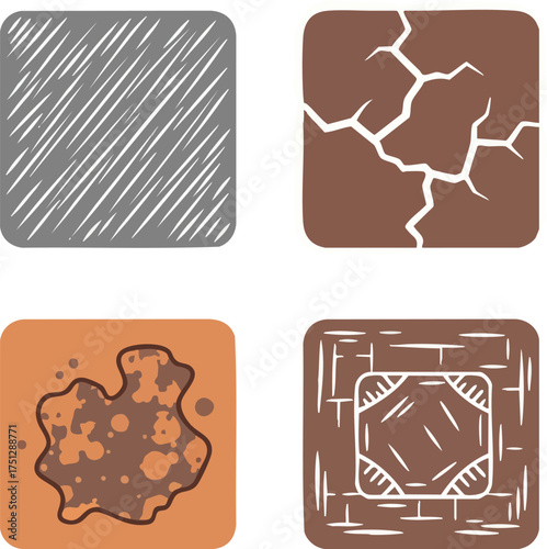 Soil Texture Icons Gravel Cracked Earth Mud and Tilled Soil.