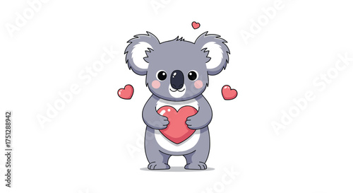 A cute koala holding a large heart surrounded by smaller hearts.