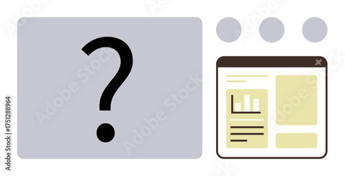 Question mark beside a web browser window mockup with graphs and text layout. Ideal for UX design, data analysis, problem-solving, troubleshooting, online strategy, web development, simple flat