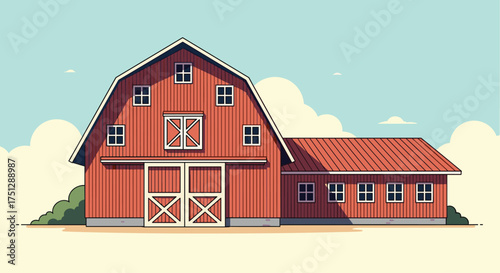 A large red barn sits under a bright sky with fluffy clouds.