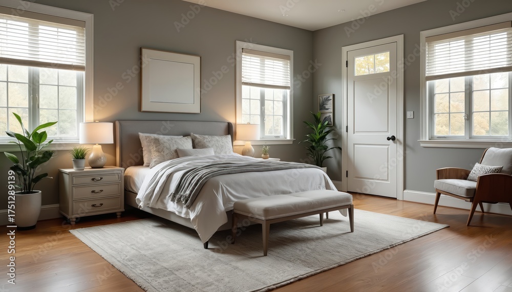 Fototapeta premium Modern bedroom with king size bed, nightstand, dresser and armchair. Neutral color palette with gray walls and white linens. Natural light enters through large windows.