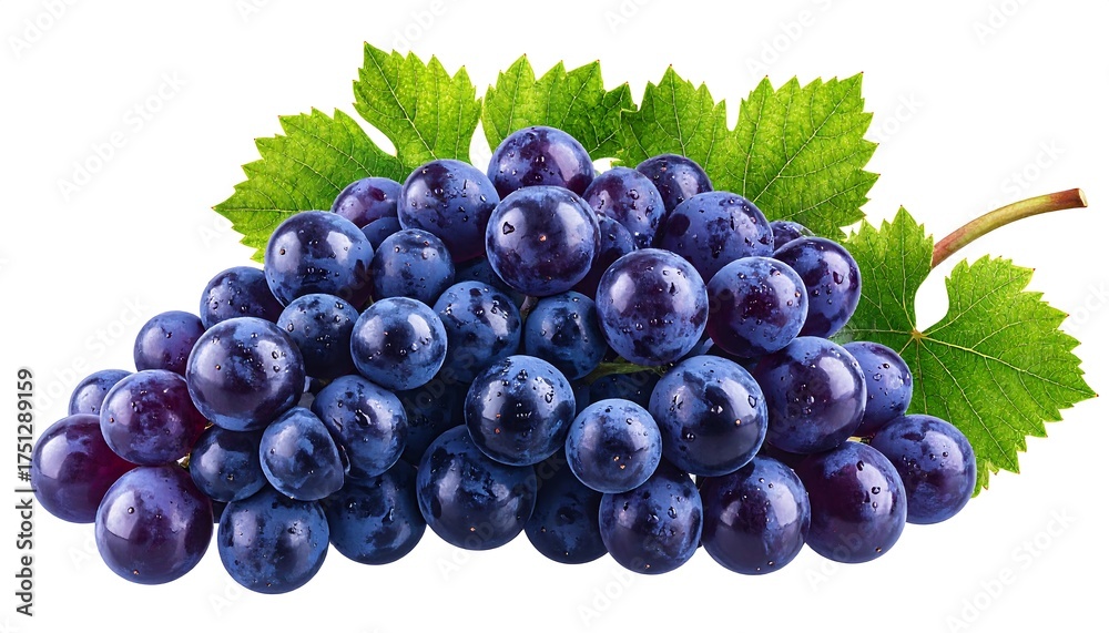 Fototapeta premium A cluster of ripe, purple grapes with green leaves and a stem, isolated on white. The fruit appears juicy and ready to eat