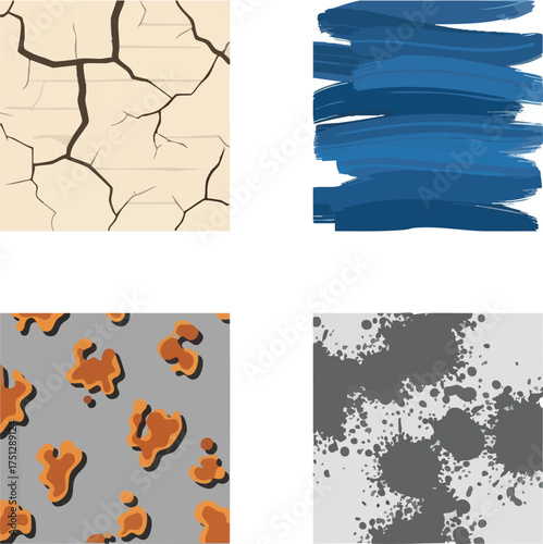 Four Abstract Textures Cracked Earth Blue Strokes Leopard Spots and Gray Splatters.