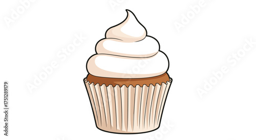 A delicious cupcake with white frosting and a paper liner.