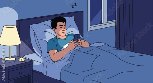 A young man lies in bed scrolling through his phone late at night.