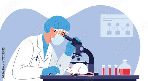 A scientist in a lab coat examines a small white mouse under a microscope.