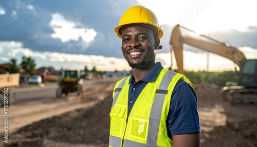 A construction worker, smiling, stands with heavy machinery in the background. The sun is shining. The worker wears a hard hat and vest