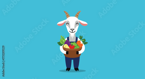 A happy goat farmer holds a basket brimming with fresh produce.