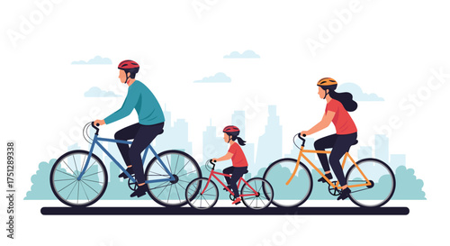 A family of three enjoys a bike ride in the city.