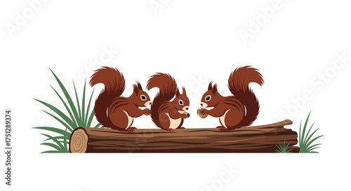 Three adorable cartoon squirrels sharing nuts on a log.