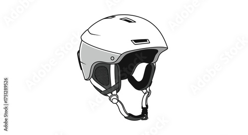 A white ski helmet with ear coverings and a chin strap.