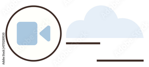 Camera icon enclosed in a circle alongside a cloud shape and minimalistic lines. Ideal for digital media, online storage, streaming, communication, video sharing, internet-based services, simple flat