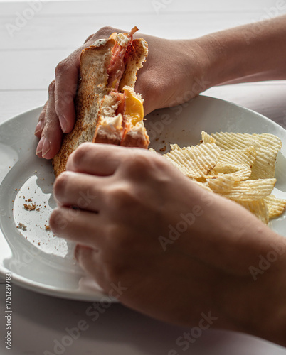 Manipulacion de alimentos, manejo de comida en la cocina, manos agarrando sandwich de jamos con queso en un plato blanco con papas fritas, alimentos con calorias 
