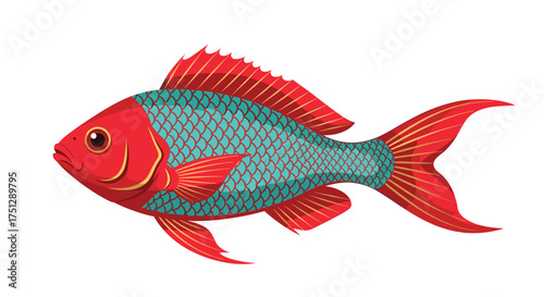 A colorful aquatic animal with bright red fins and tail against a turquoise body.