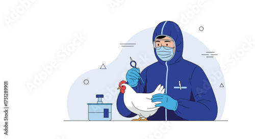 Veterinarian wearing protective gear administers medical treatment to a chicken.