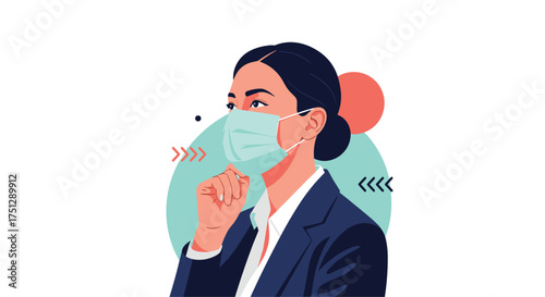 A woman wearing a face mask and coughing into her elbow.