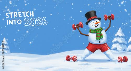 Snowman exercising with dumbbells in snowy winter landscape  