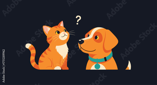 An orange cat looks at a dog with a question mark above its head.
