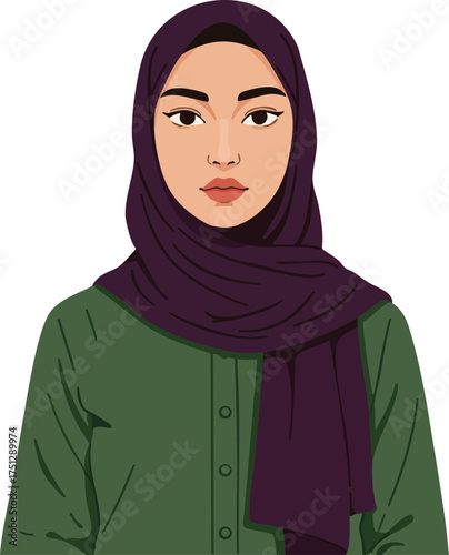 Woman wearing dark purple hijab and green shirt front portrait vector illustration for diverse culture and modern fashion design 