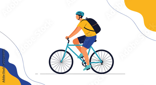 Man riding a bicycle with a backpack on his back.