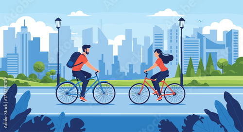 A couple cycling through a city park on a sunny day.