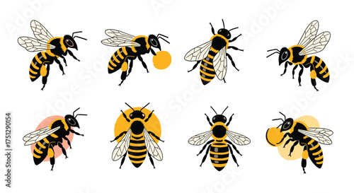 Collection of diverse bee illustrations with abstract colorful backgrounds.
