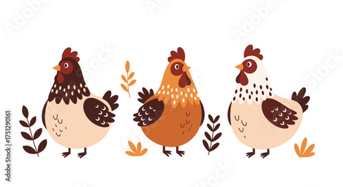 Cute cartoon chickens standing among autumn leaves and plants.