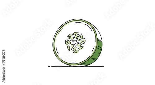 A cross section of a fresh green cucumber on a white background.
