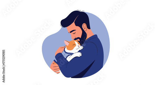 Man gently holding his beloved cat in a warm embrace.