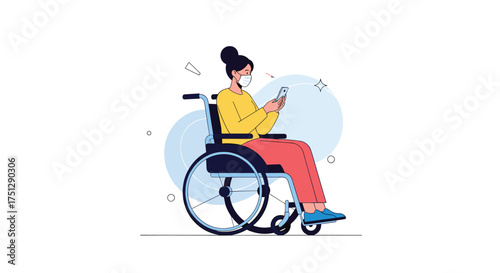 Person in wheelchair using smartphone and wearing mask.