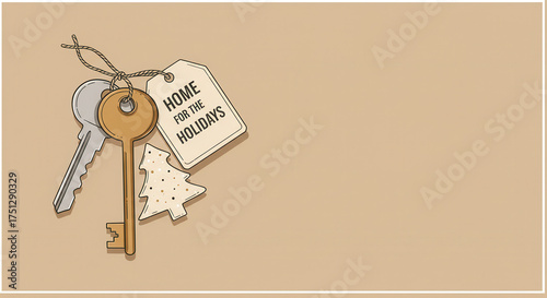 Holiday keychain with house keys and Christmas tag on beige background  