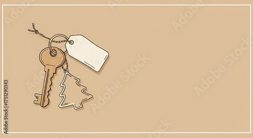 Keys with tag and Christmas tree ornament on beige background  