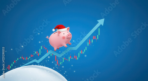 Piggy bank wearing Santa hat on upward trend graph with snow  