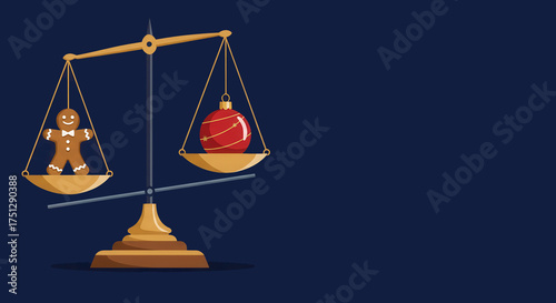 Gingerbread man and Christmas ornament balanced on scale  