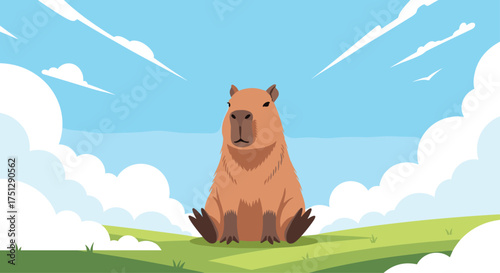 A friendly capybara sits peacefully in a grassy field under a blue sky with fluffy clouds.