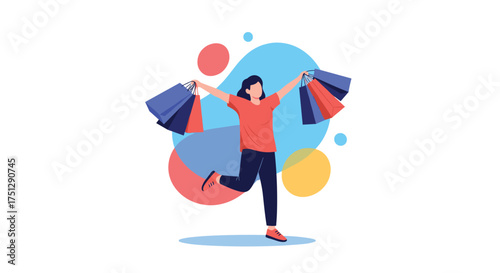 A happy person with many shopping bags enjoys a day of retail therapy.