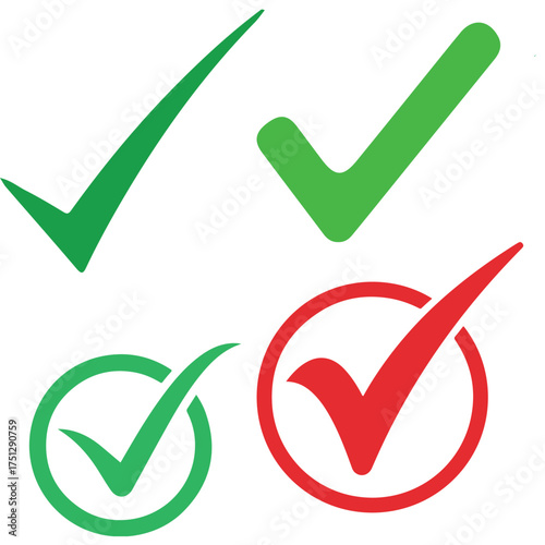 Colorful Check Mark and Tick Icon Set on White Background