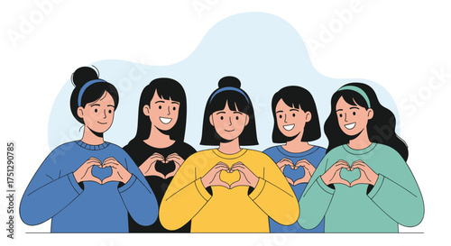 A group of diverse young women forming heart shapes with their hands and smiling.