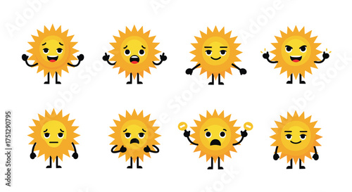 A collection of cartoon sun characters displaying various emotions and gestures.