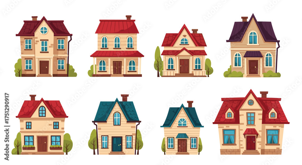 Naklejka premium Collection of diverse small cartoon houses with varying rooflines and windows.