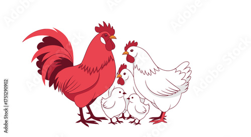 A proud rooster with his hens and chicks on a farm.
