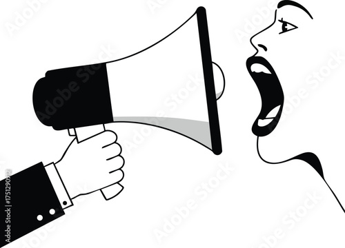 Woman shouting into megaphone held by hand vector illustration for communication and announcement concept