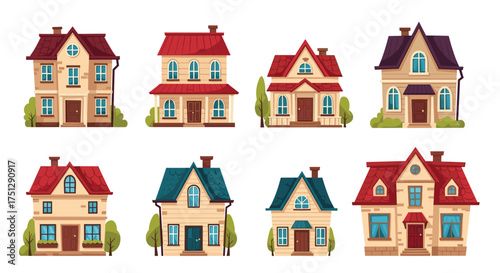 Collection of diverse small cartoon houses with varying rooflines and windows.