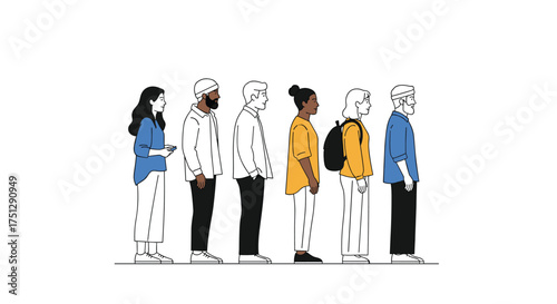 A diverse group of people stand in a line.