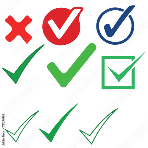 Colorful Check Mark and Tick Icon Set on White Background